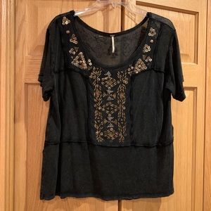 Free People Black Top with Gold Embroidery